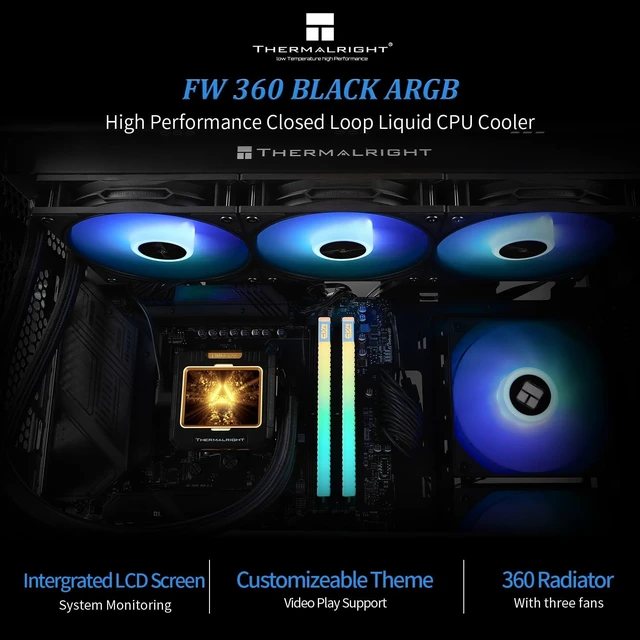 Alt view image 2 of 5 - Thermalright TR FW360 Black ARGB CPU AIO Cooler,PC 360 Specification Water Cooler System,IPS LCD Screen with 320x240 Resolution,for AM5&Intel LGA1700/1851,CPU Cooler Comes with 2.4-inch