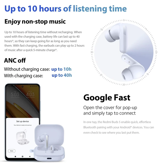 Alt view image 5 of 5 - XIAOMI Redmi Buds 5 Wireless in-Ear Earbuds with Charging Case (White)