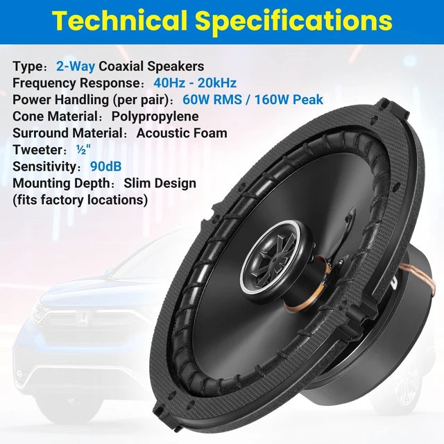 Alt view image 3 of 5 - Speakers 6.5 inch for Honda CR-V 2007-2022 Upgrade Kit - 4 Pack of DS Series with Adapters & Harness, Coaxial 6 1/2 Car Audio Front and Rear Door Speaker Replace DSC6504, 43DSC6504 - Plug & Play