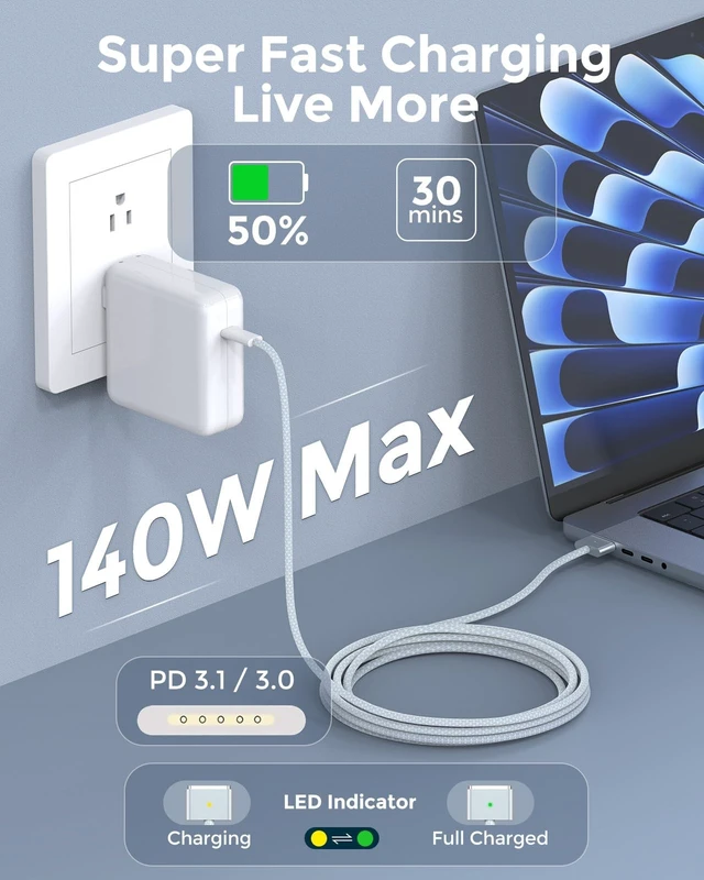 Alt view image 5 of 5 - USB C to Magnetic 3 Charger Cable for MacBook Air 13.6 15 inch MacBook Pro 14 16 M5 M4 M3 M2 M1 2026 2025 2024 2023 2022 2021, Braided Cord & LED, Powerful Magnetic, Original Quality, 6.6ft Sky Blue