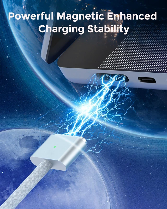 Alt view image 4 of 5 - USB C to Magnetic 3 Charger Cable for MacBook Air 13.6 15 inch MacBook Pro 14 16 M5 M4 M3 M2 M1 2026 2025 2024 2023 2022 2021, Braided Cord & LED, Powerful Magnetic, Original Quality, 6.6ft Sky Blue