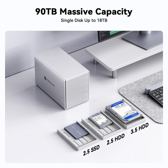 Alt view image 3 of 5 - Yottamaster 5 Bay External Hard Drive Enclosure with Cooling Fan for 2.5/3.5" SATA HDD/SSD, Direct Attached Storage, Aluminum USB 3.1 Type-C HDD Enclosure Up to 110TB(5x22TB) - PS500C3