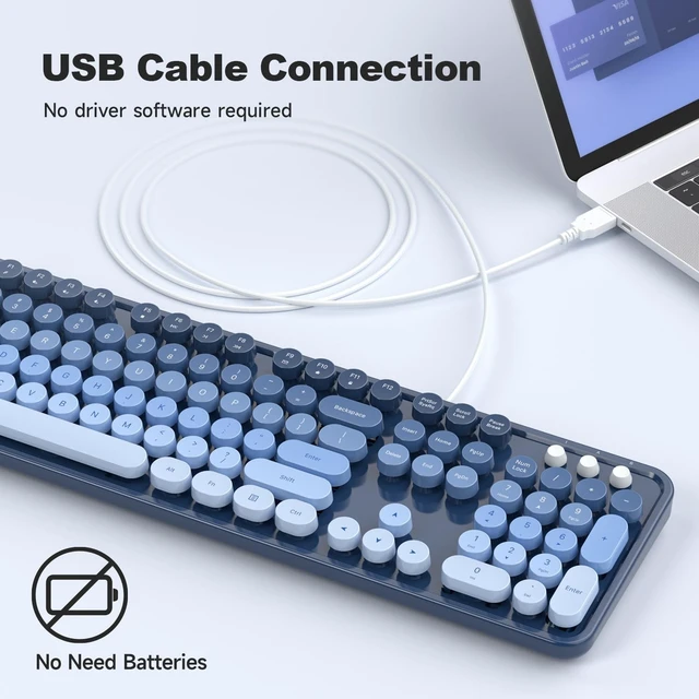 Alt view image 2 of 5 - MOWUX Computer Keyboard Wired, Plug and Play USB Retro Round Typewriter Keyboard, Full Size Wired Keyboard with Foldable Stands for Laptop and Office PC- Sea Blue Gradient
