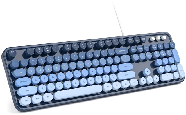 Main image of MOWUX Computer Keyboard Wired, Plug and Play USB Retro Round Typewriter Keyboard, Full Size Wired Keyboard with Foldable Stands for Laptop and Office PC- Sea Blue Gradient