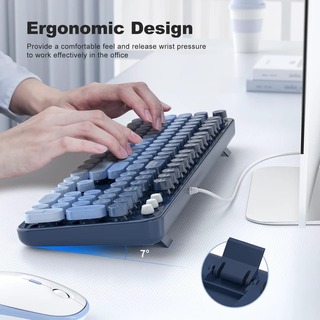 Alt view image 4 of 5 - MOWUX Computer Keyboard Wired, Plug and Play USB Retro Round Typewriter Keyboard, Full Size Wired Keyboard with Foldable Stands for Laptop and Office PC- Sea Blue Gradient