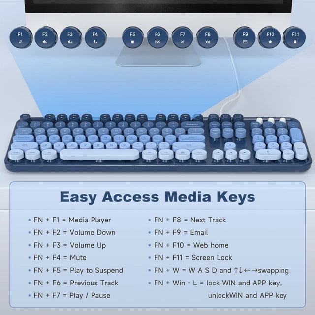Alt view image 5 of 5 - MOWUX Computer Keyboard Wired, Plug and Play USB Retro Round Typewriter Keyboard, Full Size Wired Keyboard with Foldable Stands for Laptop and Office PC- Sea Blue Gradient