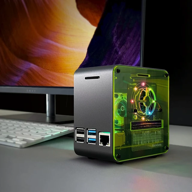 Alt view image 2 of 5 - ElectroCookie Raspberry Pi 4 Case, Aluminum Mini Tower Case with Cooling Fan and Color Changing Ambient Light (Black Neon)