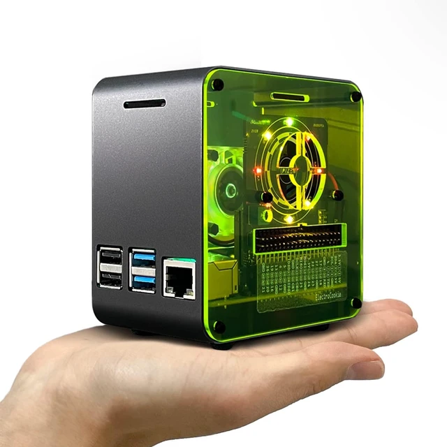 Main image of ElectroCookie Raspberry Pi 4 Case, Aluminum Mini Tower Case with Cooling Fan and Color Changing Ambient Light (Black Neon)