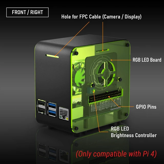 Alt view image 5 of 5 - ElectroCookie Raspberry Pi 4 Case, Aluminum Mini Tower Case with Cooling Fan and Color Changing Ambient Light (Black Neon)