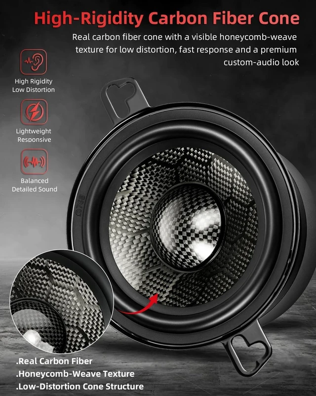 Alt view image 3 of 5 - TANVSO CarbonForce 3.5 Inch Speakers, 350W Peak 4 Ohm 3.5 Car Speakers, 3-1/2 Midbass Speakers with Honeycomb-Weave Carbon Fiber Cone, Low-Profile Carbon Fiber Dust Cap for Dash, 2 Pack