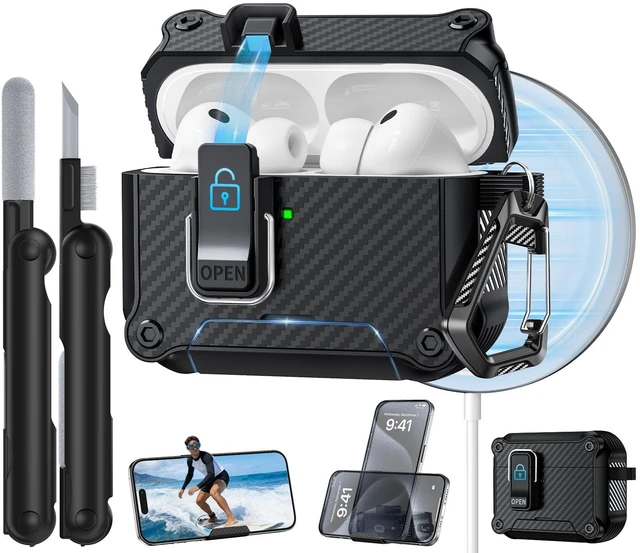 Main image of Dual Safety Lock for AirPods Pro 3 Case 2025, Compatible with MagSafe - Designed with Automatic Switch and Phone Stand, Includes a Cleaner & Keychain - Rugged Tough Hard Shell