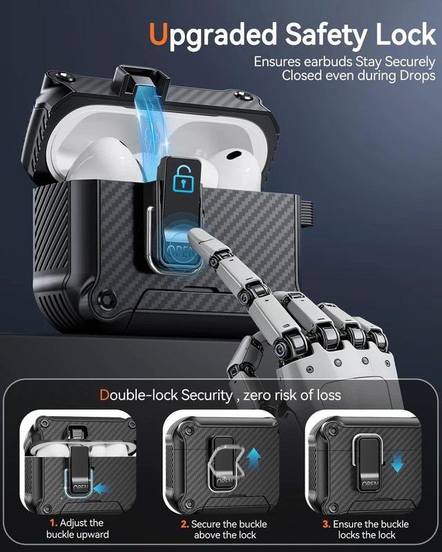 Alt view image 2 of 5 - Dual Safety Lock for AirPods Pro 3 Case 2025, Compatible with MagSafe - Designed with Automatic Switch and Phone Stand, Includes a Cleaner & Keychain - Rugged Tough Hard Shell