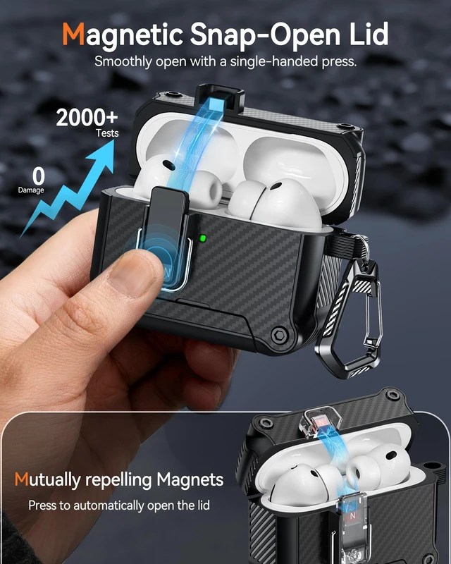 Alt view image 5 of 5 - Dual Safety Lock for AirPods Pro 3 Case 2025, Compatible with MagSafe - Designed with Automatic Switch and Phone Stand, Includes a Cleaner & Keychain - Rugged Tough Hard Shell