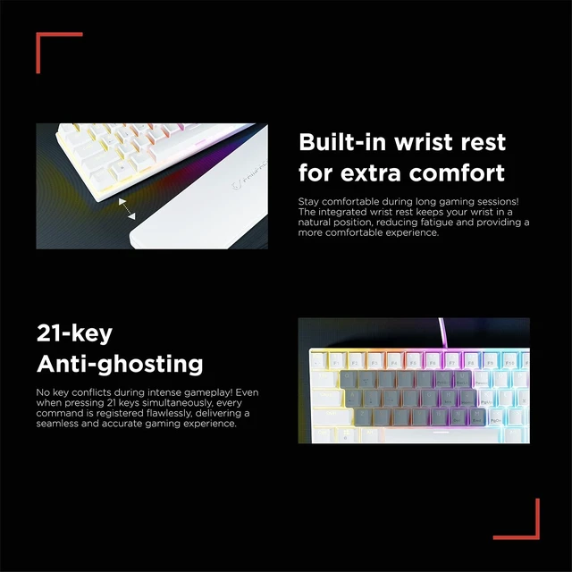 Alt view image 2 of 5 - Rampage K60 Mechanical Gaming Keyboard 62 Keys, Compact 60% Layout, Blue Switches, LED Backlit, Anti-Ghosting, Wired (White, Windows/Mac Compatible)