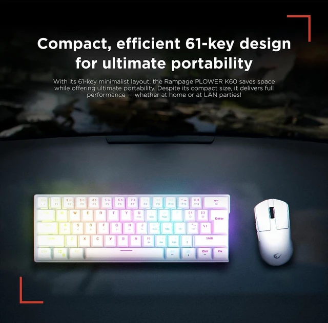 Alt view image 3 of 5 - Rampage K60 Mechanical Gaming Keyboard 62 Keys, Compact 60% Layout, Blue Switches, LED Backlit, Anti-Ghosting, Wired (White, Windows/Mac Compatible)