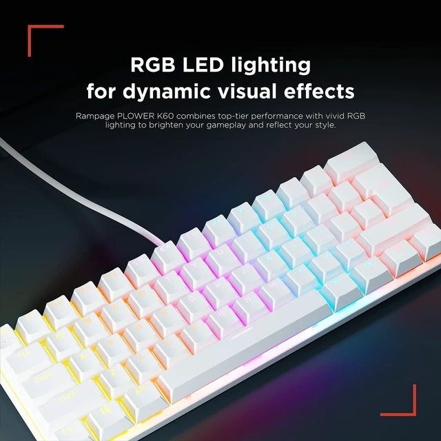 Alt view image 4 of 5 - Rampage K60 Mechanical Gaming Keyboard 62 Keys, Compact 60% Layout, Blue Switches, LED Backlit, Anti-Ghosting, Wired (White, Windows/Mac Compatible)