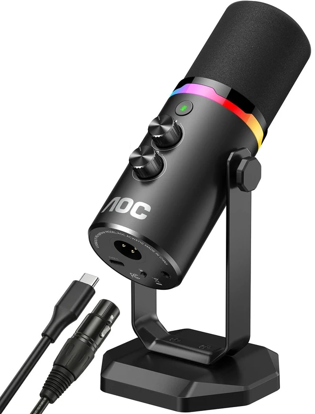 Main image of AOC USB/XLR Dynamic Microphone for PC Gaming, Podcast & Recording, Dual-Mode RGB Mic& Streaming Vocal Gear with Heavy-Duty Desk Stand, Clicky Mute, 7.5ft USB & 6.5ft XLR Cables Included