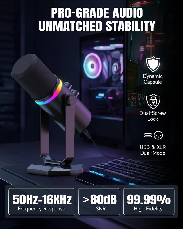 Alt view image 2 of 5 - AOC USB/XLR Dynamic Microphone for PC Gaming, Podcast & Recording, Dual-Mode RGB Mic& Streaming Vocal Gear with Heavy-Duty Desk Stand, Clicky Mute, 7.5ft USB & 6.5ft XLR Cables Included