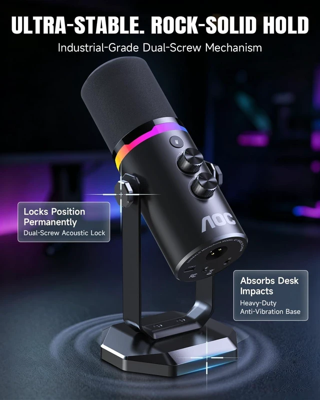 Alt view image 4 of 5 - AOC USB/XLR Dynamic Microphone for PC Gaming, Podcast & Recording, Dual-Mode RGB Mic& Streaming Vocal Gear with Heavy-Duty Desk Stand, Clicky Mute, 7.5ft USB & 6.5ft XLR Cables Included