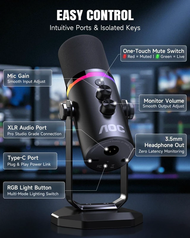 Alt view image 5 of 5 - AOC USB/XLR Dynamic Microphone for PC Gaming, Podcast & Recording, Dual-Mode RGB Mic& Streaming Vocal Gear with Heavy-Duty Desk Stand, Clicky Mute, 7.5ft USB & 6.5ft XLR Cables Included