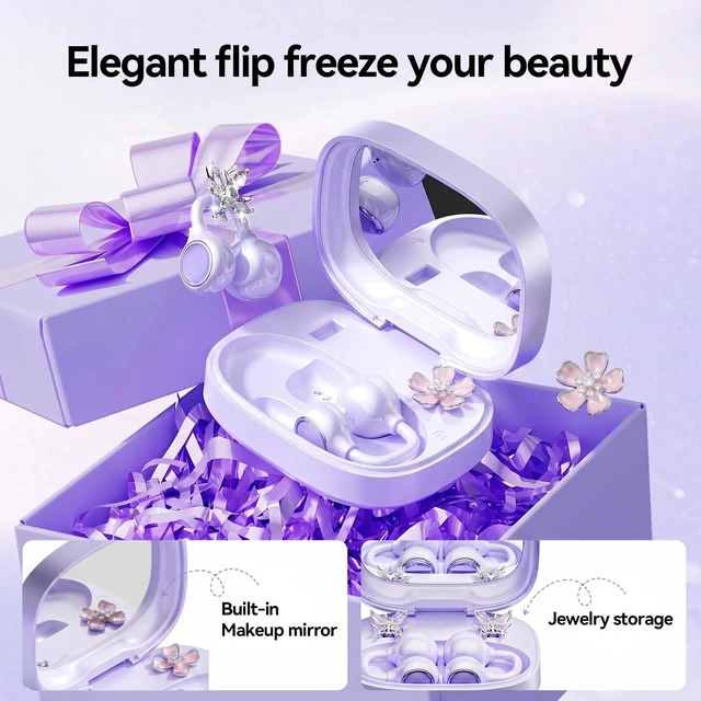Alt view image 4 of 5 - xzqioue Open Ear Wireless Earbuds for Women with Makeup Mirror Charging Case, Clip-on Bluetooth 6.0 Headphones with Spatial Audio, Includes Flower & Butterfly Earrings, Long Battery Life (Purpl