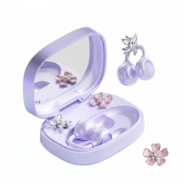 Main image of xzqioue Open Ear Wireless Earbuds for Women with Makeup Mirror Charging Case, Clip-on Bluetooth 6.0 Headphones with Spatial Audio, Includes Flower & Butterfly Earrings, Long Battery Life (Purpl