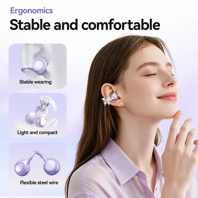 Alt view image 2 of 5 - xzqioue Open Ear Wireless Earbuds for Women with Makeup Mirror Charging Case, Clip-on Bluetooth 6.0 Headphones with Spatial Audio, Includes Flower & Butterfly Earrings, Long Battery Life (Purpl