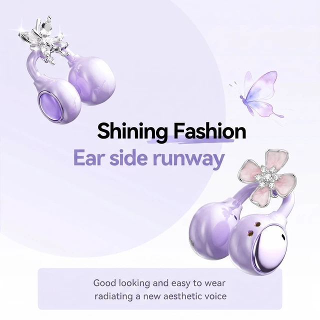Alt view image 3 of 5 - xzqioue Open Ear Wireless Earbuds for Women with Makeup Mirror Charging Case, Clip-on Bluetooth 6.0 Headphones with Spatial Audio, Includes Flower & Butterfly Earrings, Long Battery Life (Purpl