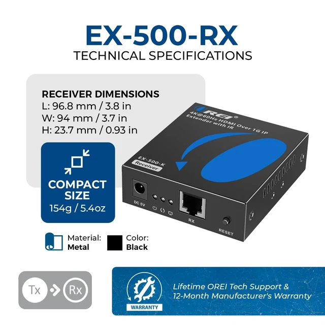 Alt view image 5 of 5 - OREI Receiver only 4K HDMI Extender Over 1G IP CAT6 500ft, Low-Latency, ESD
