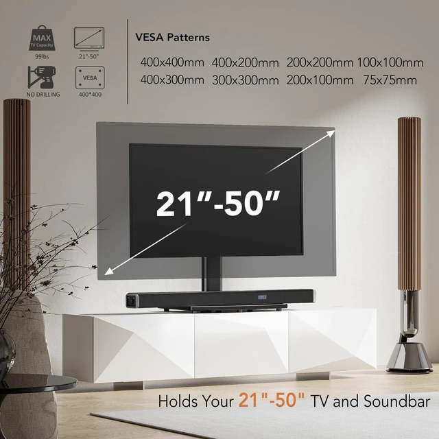 Alt view image 2 of 5 - Hemudu Universal Swivel TV Stand/Base Table Top TV Stand for 21 to 50 inch TVs with 90 Degree Swivel, 4 Level Height Adjustable, Heavy Duty Tempered Glass Base, Holds up to 99lbs, HT02B-002