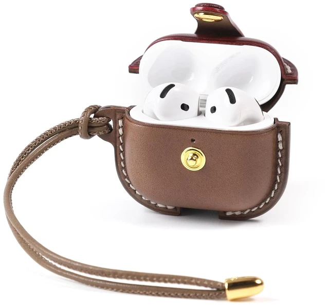 Alt view image 2 of 5 - Handmade Genuine Leather Case for AirPods 4, Shockproof Protective Earbuds Cover with Dual Lanyards, Wireless & Wired Charging Accessible (Type-c-Grey+Wine Red, Apple AirPods 4)