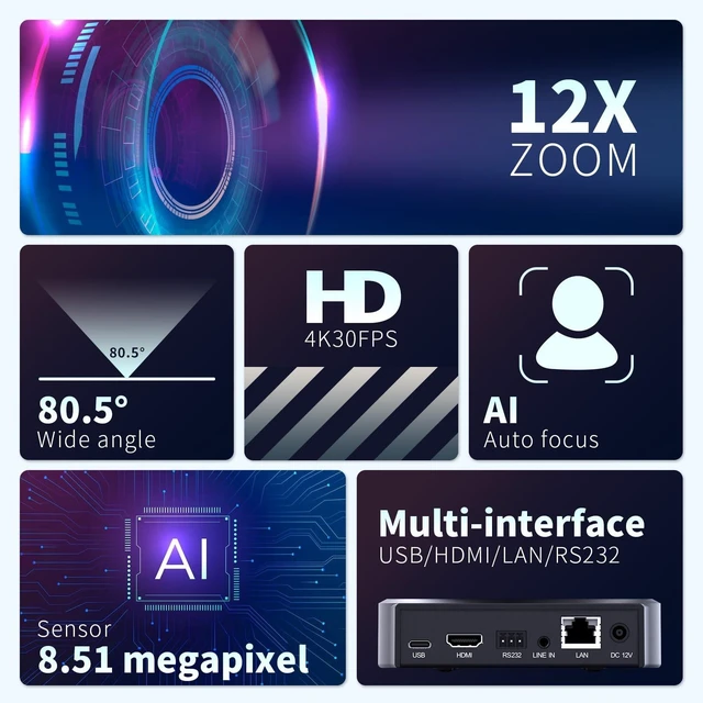 Alt view image 2 of 5 - FEELWORLD 4K12X PTZ Camera with 12X Optical Zoom, AI Tracking, HDMI, USB, IP Remote Control 4K@30fps PoE Supported for Church Live Streaming and Conference Surveillance