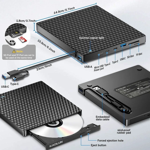 Alt view image 3 of 5 - External CD/DVD Drive for Laptop PC ,DVD Player for Laptop,USB 3.0 USB C Ultra-Slim Portable,CD Reader for Mac Laptop Desktop Macbook,External Disk Drive CD Burner for MacOS/Windows 11/10/8/XP/Linux