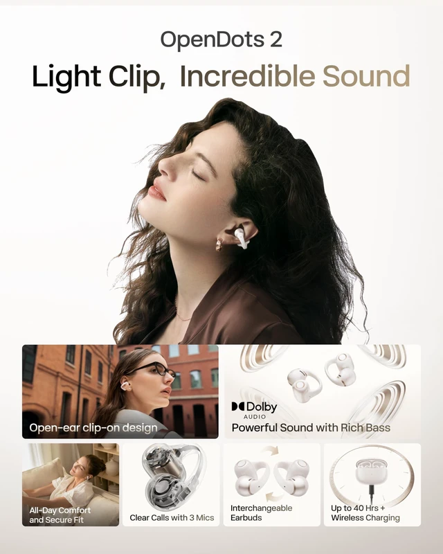 Alt view image 2 of 5 - SHOKZ OpenDots 2 Open-Ear Clip-On Earbuds, White, Dolby Audio, 3 Mics