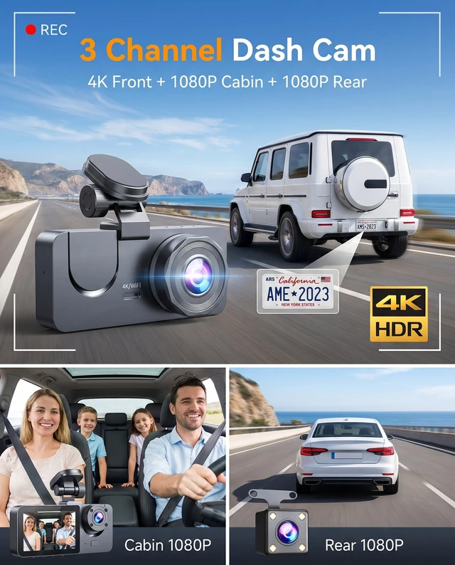 Alt view image 2 of 5 - Dash Cam Front and Rear Inside, 4K Full HD 3 Channel Dash Camera for Car