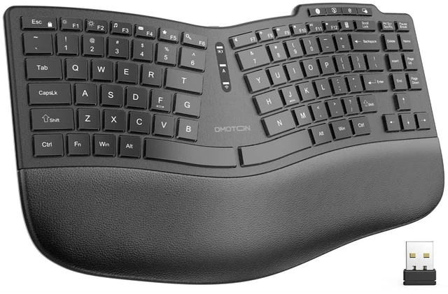 Main image of OMOTON Ergonomic Wireless Split Keyboard Compatible with Windows only, Cushioned Wrist Rest, Rechargeable, USB Connectivity, 2.4G Membrane Silent Keyboard, Classic Black
