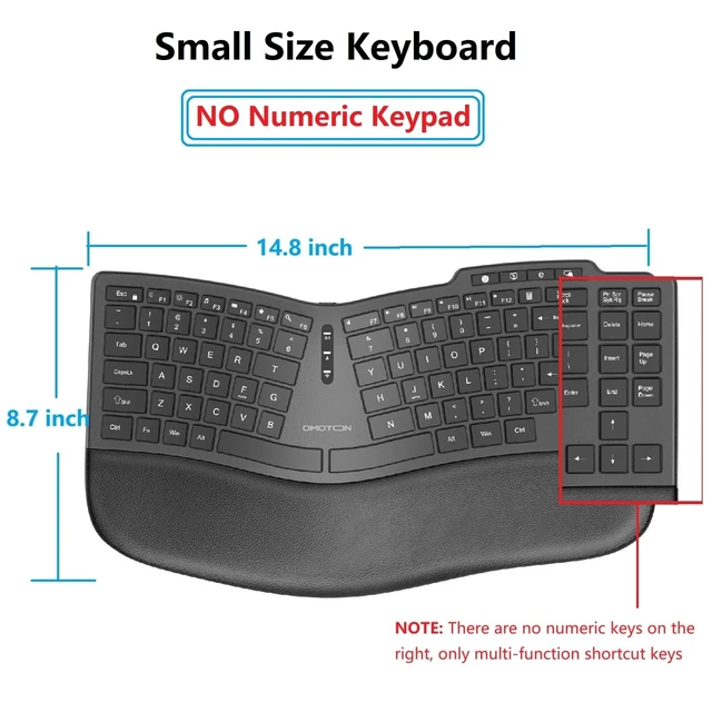 Alt view image 2 of 5 - OMOTON Ergonomic Wireless Split Keyboard Compatible with Windows only, Cushioned Wrist Rest, Rechargeable, USB Connectivity, 2.4G Membrane Silent Keyboard, Classic Black