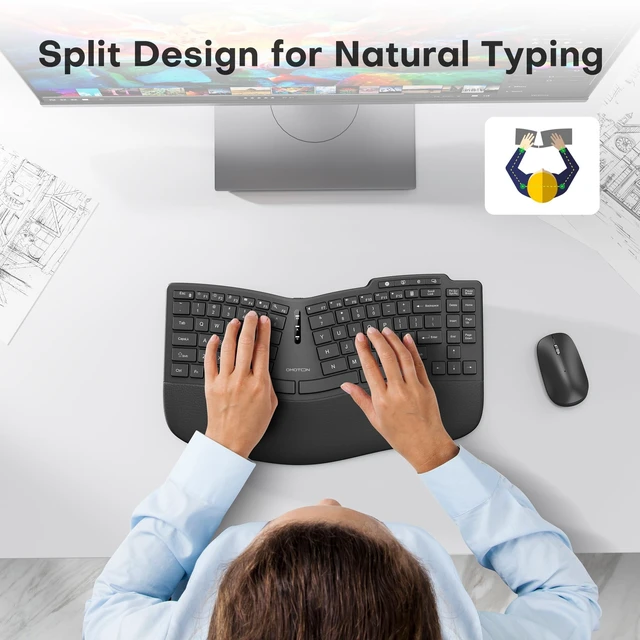 Alt view image 4 of 5 - OMOTON Ergonomic Wireless Split Keyboard Compatible with Windows only, Cushioned Wrist Rest, Rechargeable, USB Connectivity, 2.4G Membrane Silent Keyboard, Classic Black