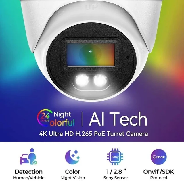 Alt view image 2 of 5 - Auview 4K PoE Security Camera, 8MP IP Turret Dome, Big Sensor, Built-in Microphone, Smart Dual-Light Color Night Vision, IP67 Outdoor/Indoor, NDAA Compliant, ONVIF Compatible