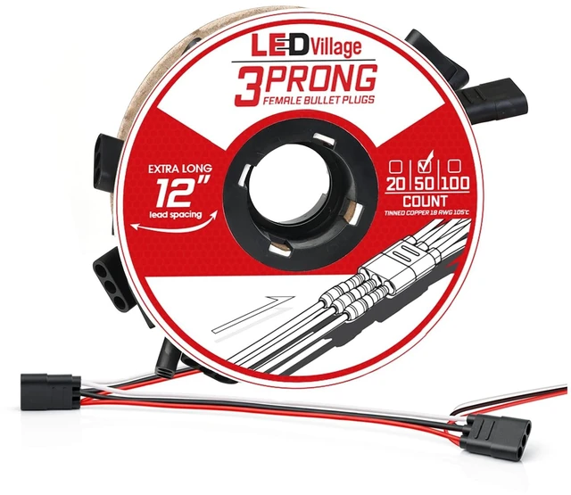 Main image of Ledvillage 50 Counts of 3 Prong Female Bullet Plug Wiring Harness Continuous Wire Harness Roll (12" Lead Spacing Between Plugs) 3 Prong Socket Plug