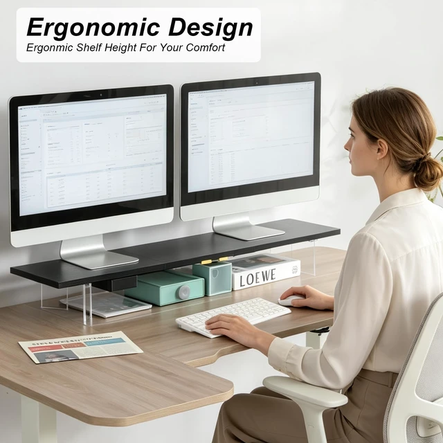 Alt view image 3 of 5 - TEAMIX 39.4 inch Dual Monitor Stand with Acrylic Leg, Drawer & Phone Holder