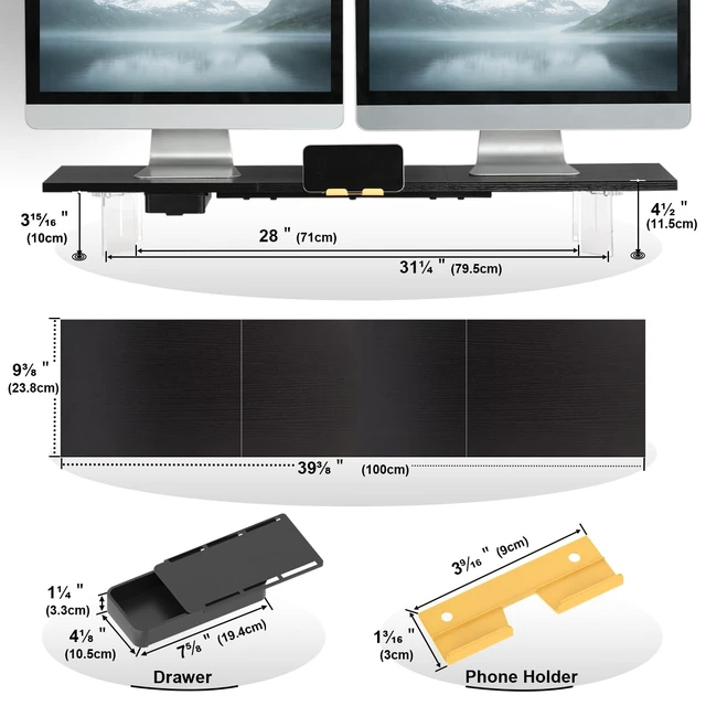 Alt view image 5 of 5 - TEAMIX 39.4 inch Dual Monitor Stand with Acrylic Leg, Drawer & Phone Holder
