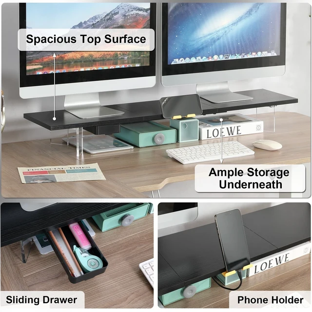 Alt view image 2 of 5 - TEAMIX 39.4 inch Dual Monitor Stand with Acrylic Leg, Drawer & Phone Holder