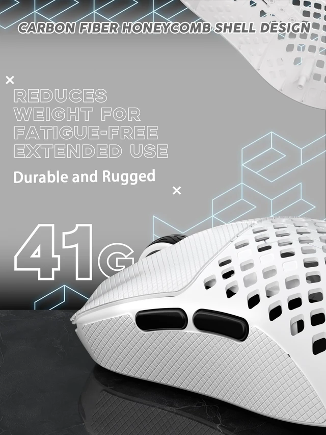 Alt view image 2 of 5 - MAMBASNAKE M2 Carbon Fiber Wireless Gaming Mouse, PAW3395PRO 40K DPI, 1K Polling Rate 41g Ultralight Tri-Mode Ergonomic PC Mice, Cloud Driver AI Driver for PC/Mac/Win, White&Tape