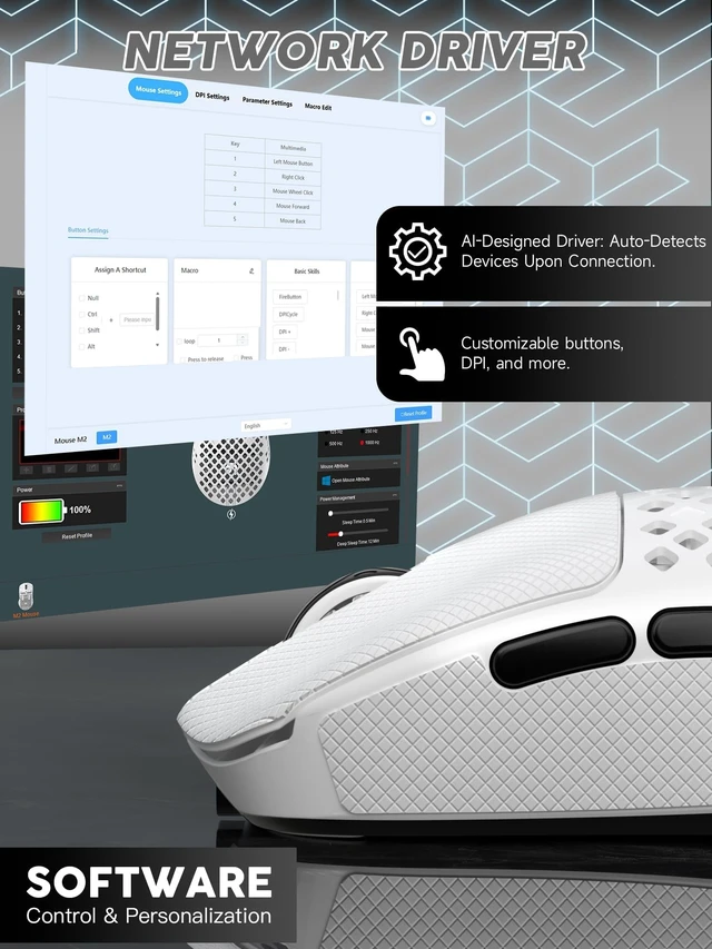 Alt view image 3 of 5 - MAMBASNAKE M2 Carbon Fiber Wireless Gaming Mouse, PAW3395PRO 40K DPI, 1K Polling Rate 41g Ultralight Tri-Mode Ergonomic PC Mice, Cloud Driver AI Driver for PC/Mac/Win, White&Tape
