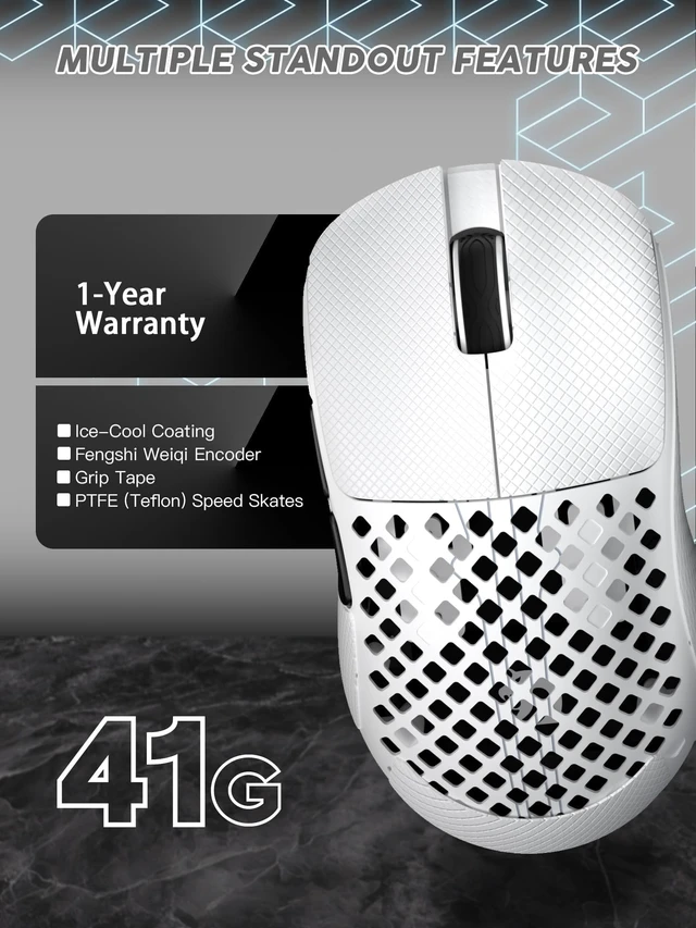 Alt view image 4 of 5 - MAMBASNAKE M2 Carbon Fiber Wireless Gaming Mouse, PAW3395PRO 40K DPI, 1K Polling Rate 41g Ultralight Tri-Mode Ergonomic PC Mice, Cloud Driver AI Driver for PC/Mac/Win, White&Tape