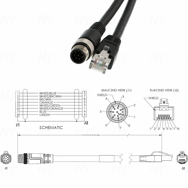 Alt view image 2 of 4 - HangTon Cognex Gige Ethernet M12 8 Pin A-Code Male to RJ45 CAT6 Cable, Shielded High Flex Network Cable (2 Meter)