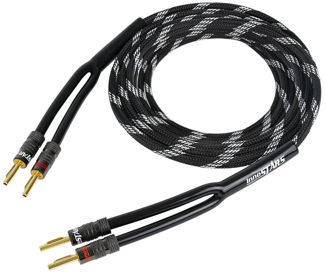 Main image of InnoStars 14AWG Speaker Cable Wire with Gold-Plated Banana Tip Plugs (35 Feet) - 99.99% Oxygen-Free Copper (OFC), in-Wall CL2 Rated, Heavy Duty Braided - Black, 35ft