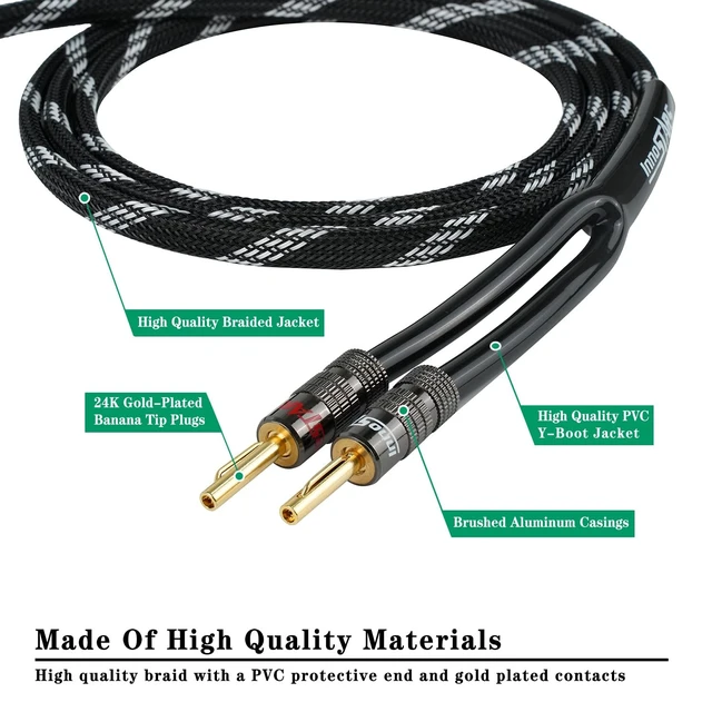 Alt view image 2 of 5 - InnoStars 14AWG Speaker Cable Wire with Gold-Plated Banana Tip Plugs (35 Feet) - 99.99% Oxygen-Free Copper (OFC), in-Wall CL2 Rated, Heavy Duty Braided - Black, 35ft