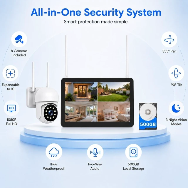 Alt view image 2 of 5 - Camcamp Wireless Security Camera System with 10 Inch Monitor, 8 PTZ Cameras